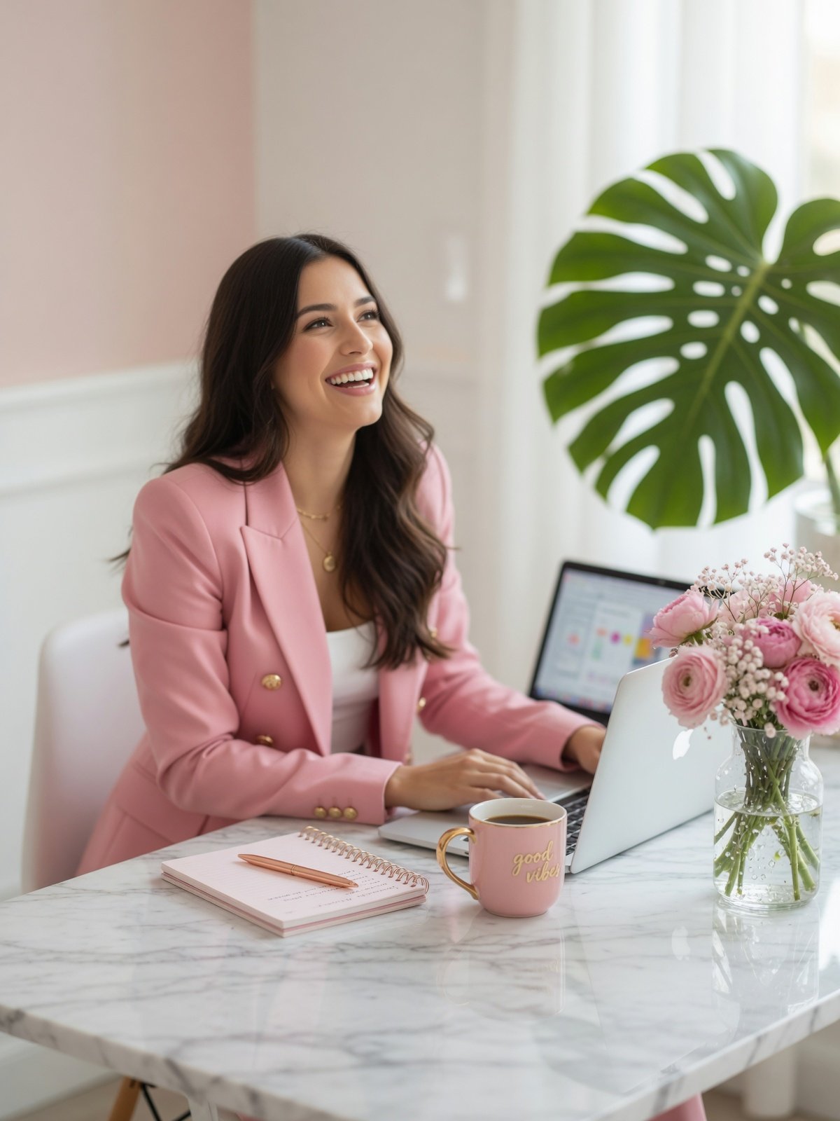 A woman in a pink blazer sits at a marble desk using a laptop, with a pink mug, notebook, and a vase of pink flowers in a bright room with a large green monstera leaf.