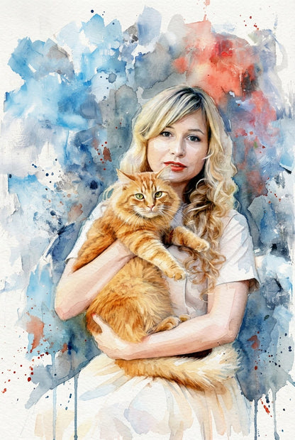 An intimate portrait capturing the special bond between a girl and her cat, bringing warmth and personality to any space