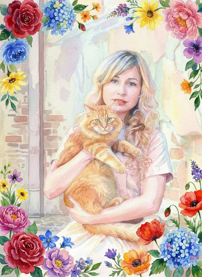 An intimate portrait capturing the special bond between a girl and her cat, bringing warmth and personality to any space