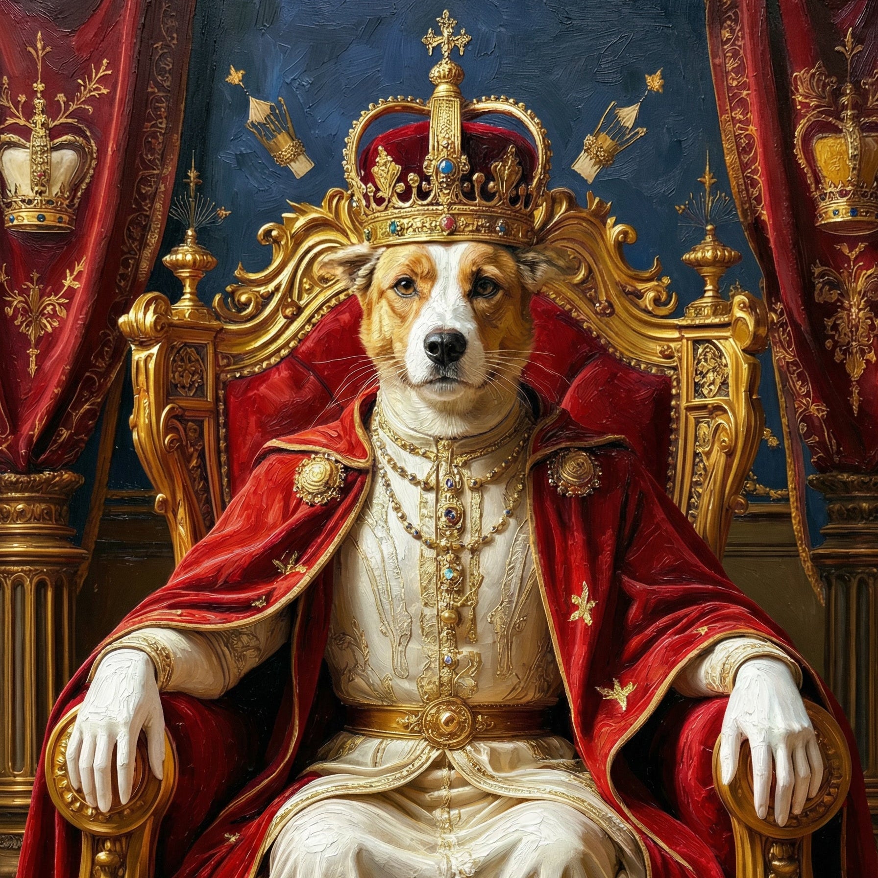 Dog in regal attire with crown and robe on an ornate throne