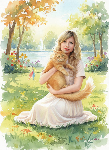 An intimate portrait capturing the special bond between a girl and her cat, bringing warmth and personality to any space