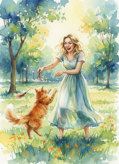 An intimate portrait capturing the special bond between a girl and her cat, bringing warmth and personality to any space