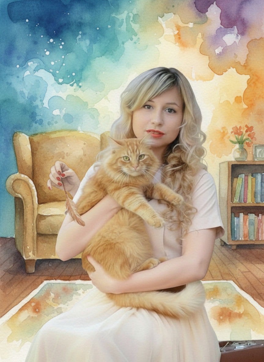 An intimate portrait capturing the special bond between a girl and her cat, bringing warmth and personality to any space