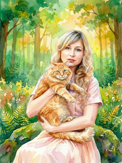 An intimate portrait capturing the special bond between a girl and her cat, bringing warmth and personality to any space