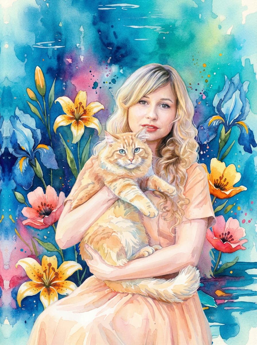 An intimate portrait capturing the special bond between a girl and her cat, bringing warmth and personality to any space