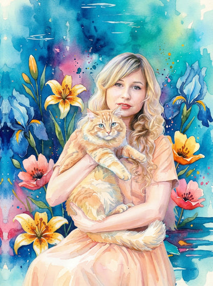 An intimate portrait capturing the special bond between a girl and her cat, bringing warmth and personality to any space