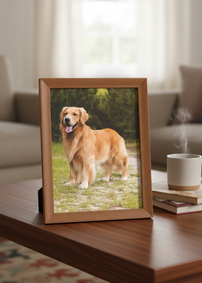 Framed picture of a dog on a table with a cup and books in the background