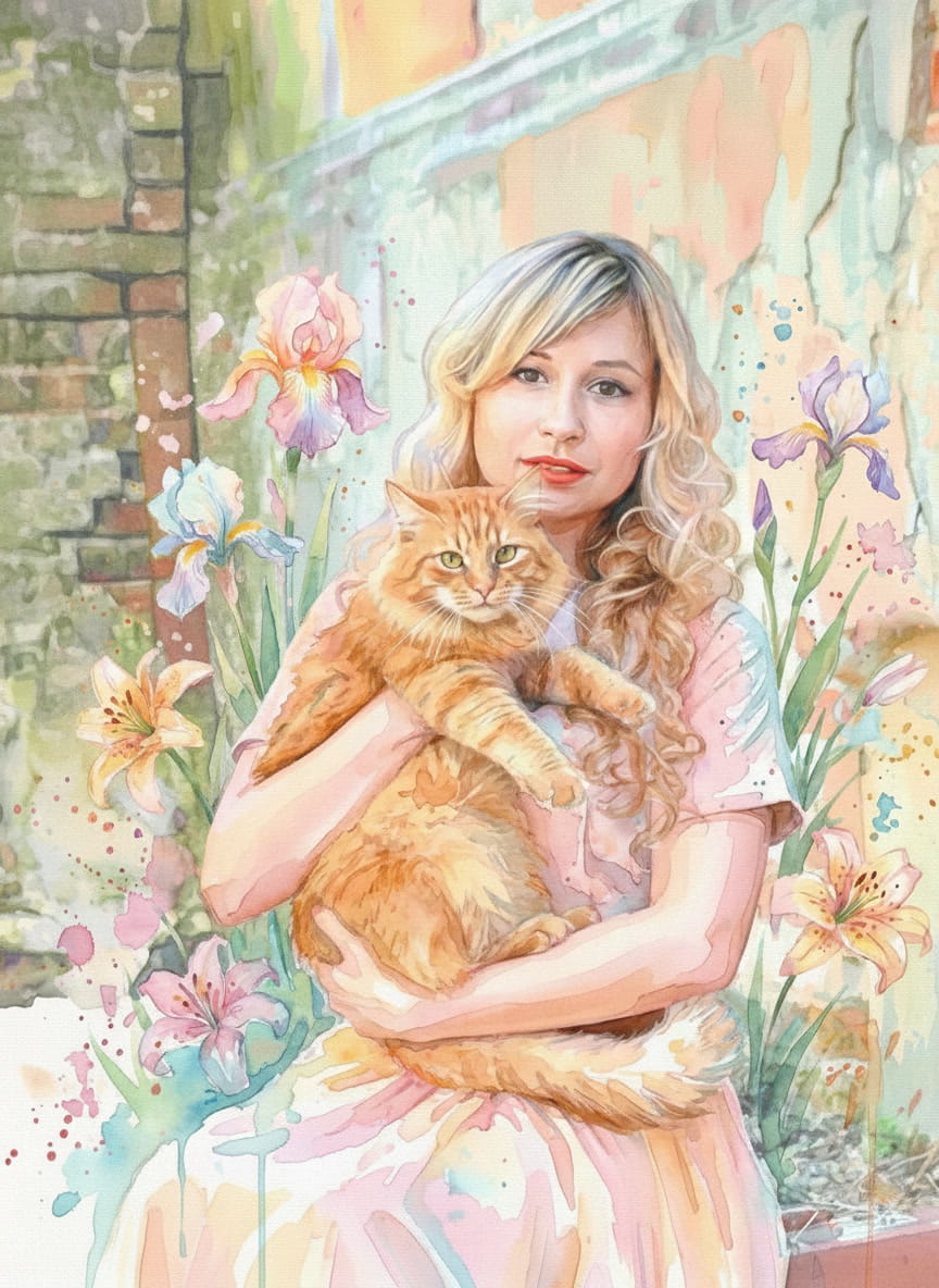 An intimate portrait capturing the special bond between a girl and her cat, bringing warmth and personality to any space