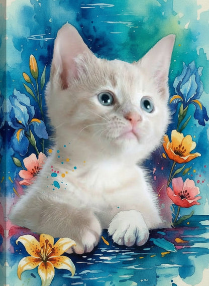 A delicate watercolor whisper, capturing the pure charm of a white kitten,  bringing softness, innocence, and a touch of wonder to your space