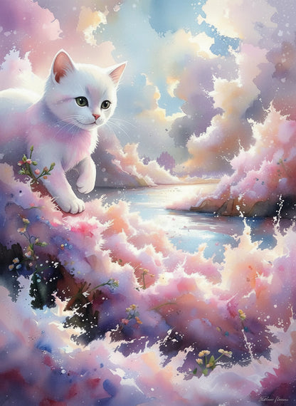 A delicate watercolor whisper, capturing the pure charm of a white kitten,  bringing softness, innocence, and a touch of wonder to your space