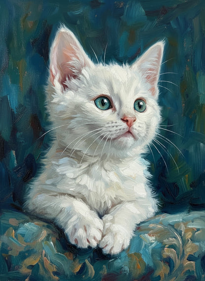 Painting of a white kitten with green eyes on a textured blue background