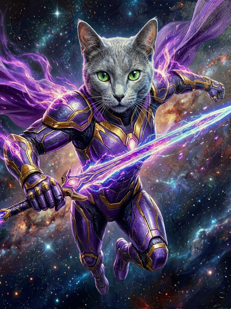 Knight Guardians of the Future - Send your pet to the stars! With glowing blades and futuristic armour, we'll craft their cosmic hero portrait !