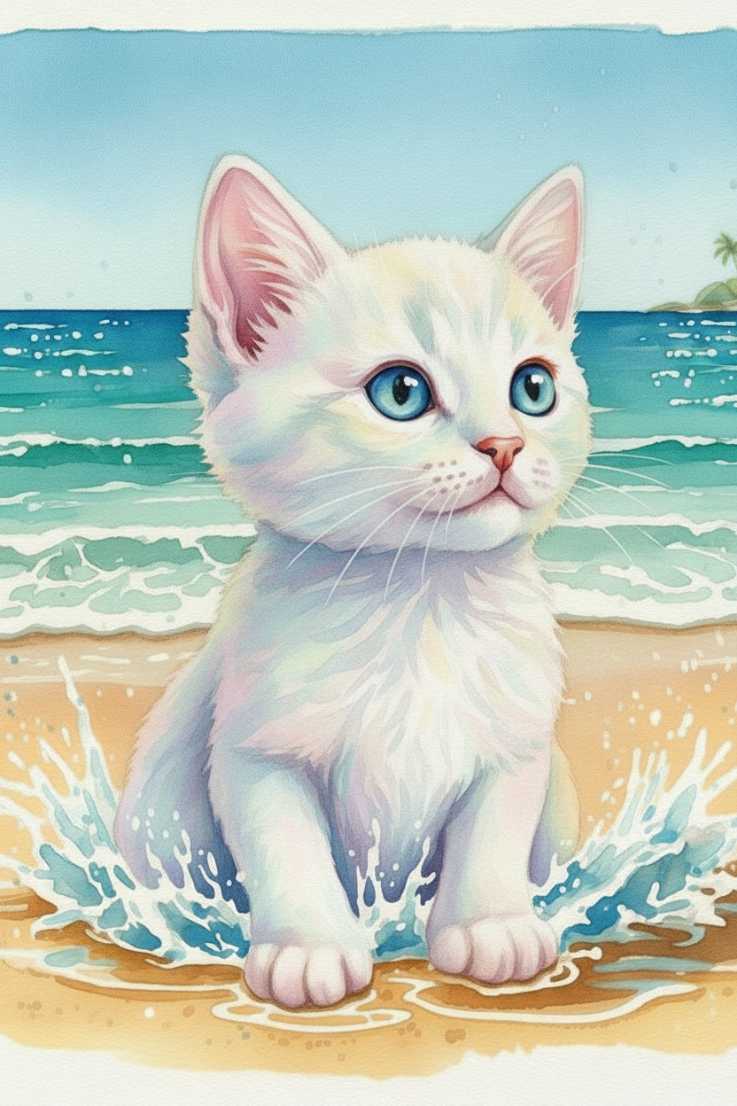 A delicate watercolor whisper, capturing the pure charm of a white kitten,  bringing softness, innocence, and a touch of wonder to your space