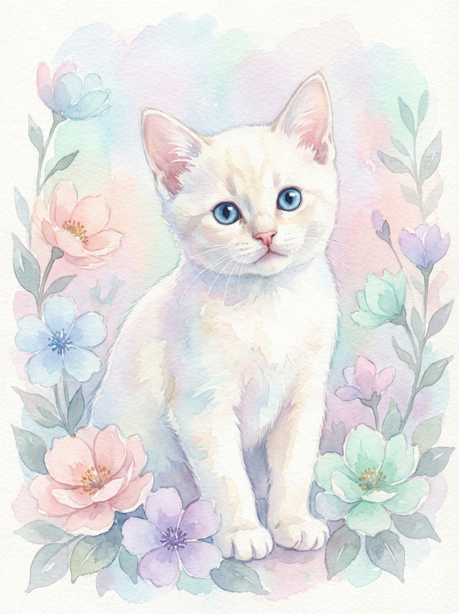 A delicate watercolor whisper, capturing the pure charm of a white kitten,  bringing softness, innocence, and a touch of wonder to your space