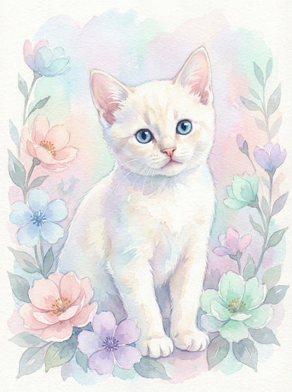 A delicate watercolor whisper, capturing the pure charm of a white kitten,  bringing softness, innocence, and a touch of wonder to your space