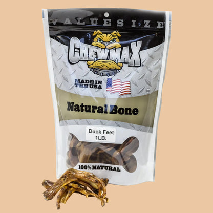 Package of Chewmax natural dog treat with duck feet on a white background