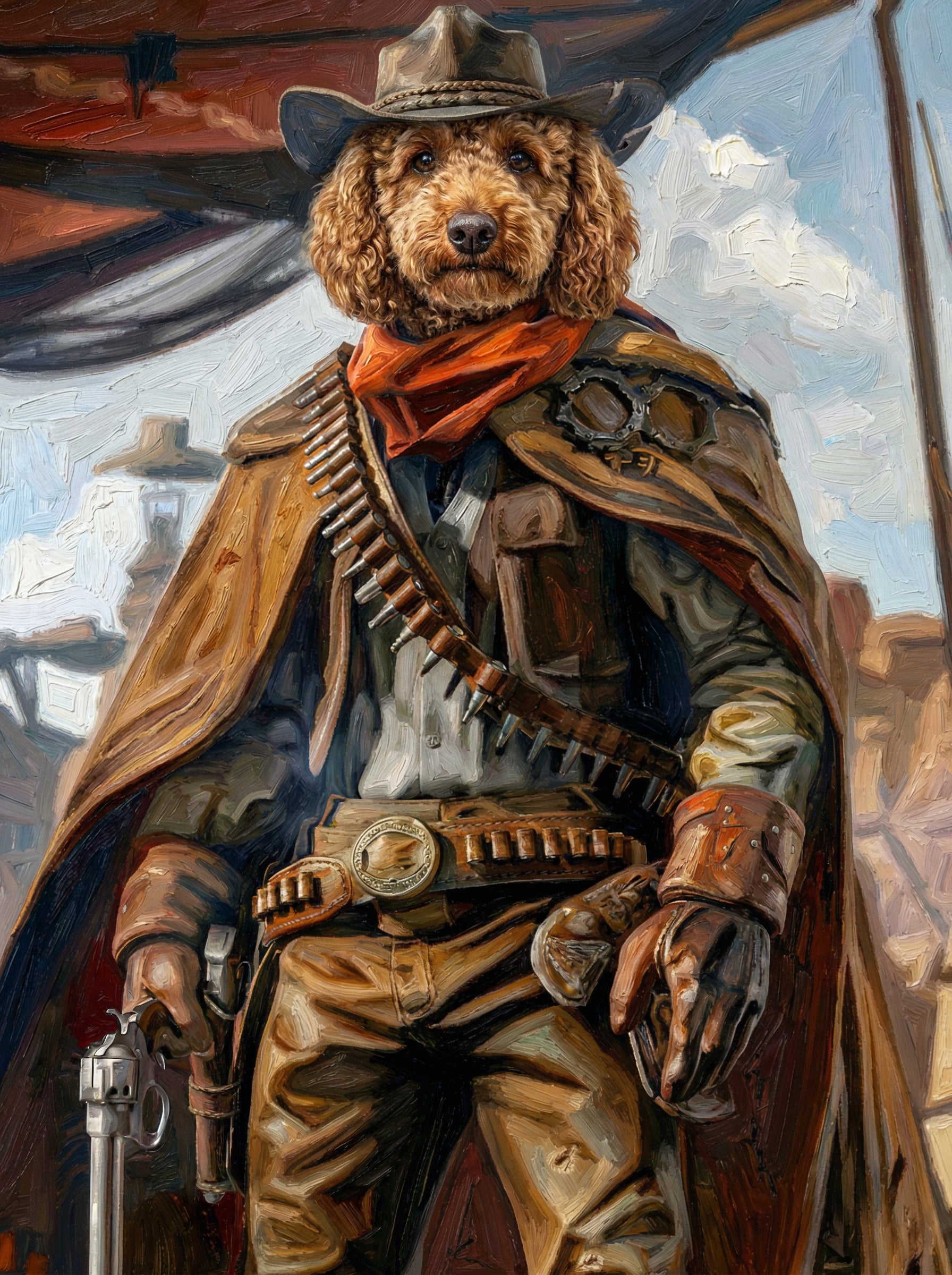 Dog dressed in cowboy attire with a scarf, sitting on a horse in a desert setting.