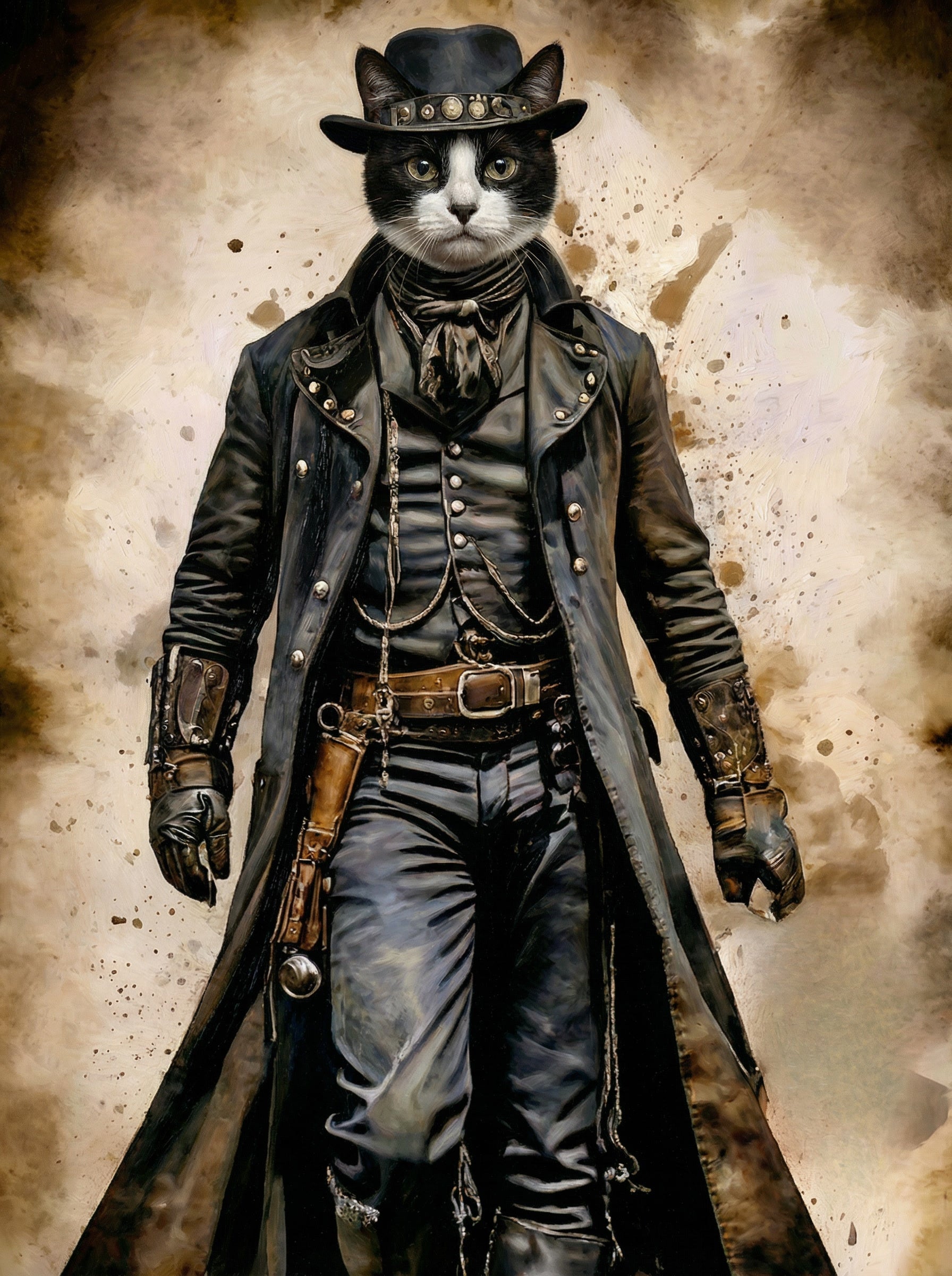 Cat dressed in a steampunk outfit with a long coat, hat, and gloves against a textured background.