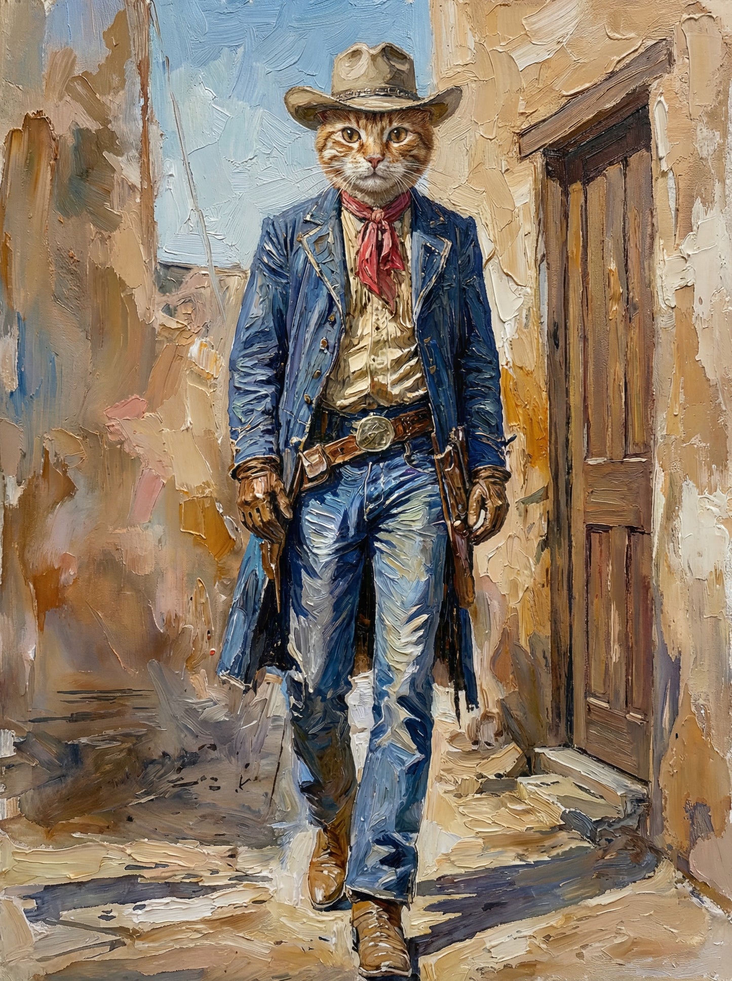 Cat dressed as a cowboy standing in a rustic alleyway