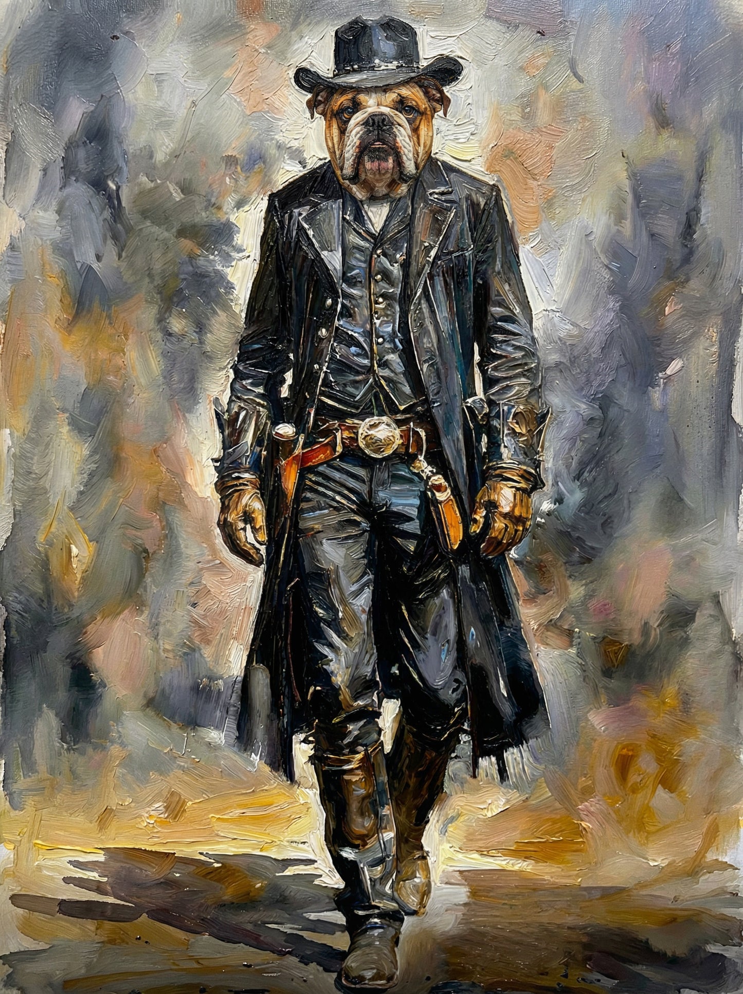 Painting of a bulldog dressed in a cowboy outfit with a hat, coat, and boots.