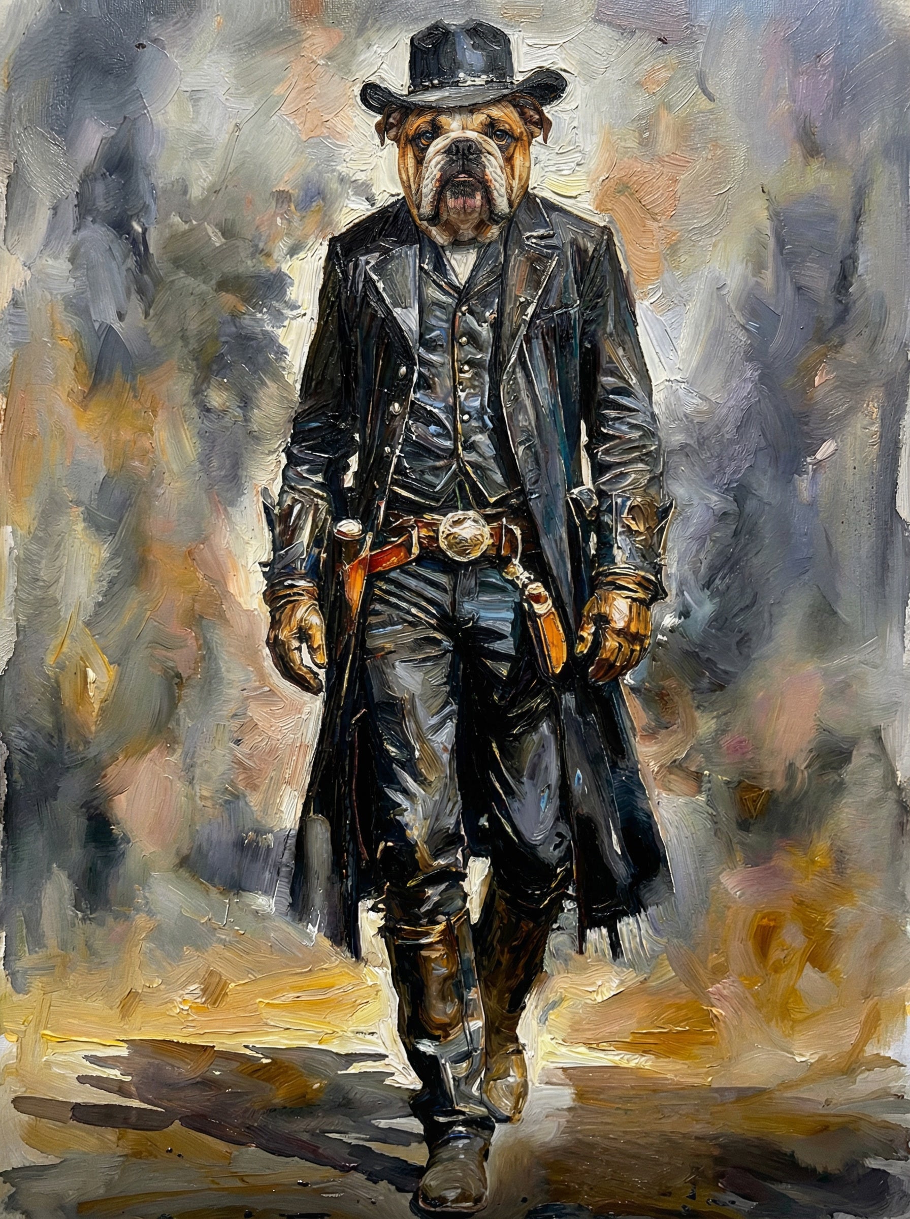 Painting of a bulldog dressed in a cowboy outfit with a hat, coat, and boots.