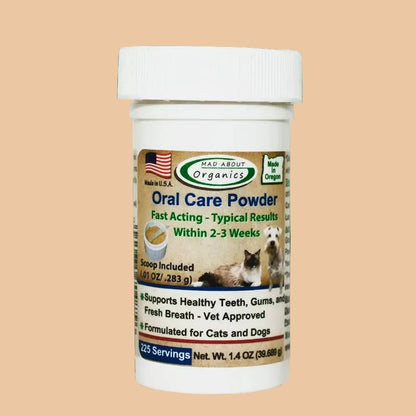 Bottle of Oral Care Powder on a wooden surface with a green leafy background