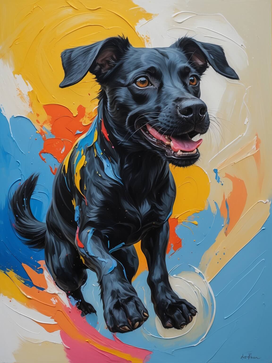 A bold and playful journey, this abstract captures a black dog adrift on a vibrant red raft, floating freely along the river of imagination