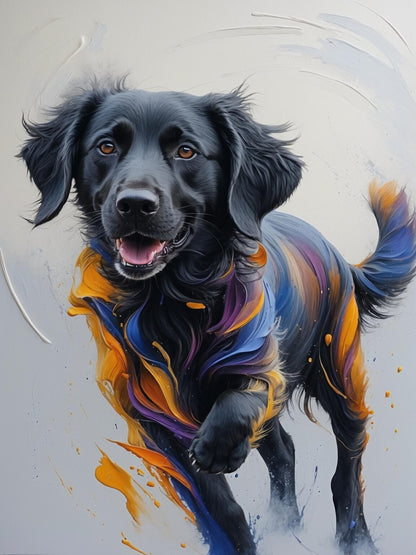 A bold and playful journey, this abstract captures a black dog adrift on a vibrant red raft, floating freely along the river of imagination
