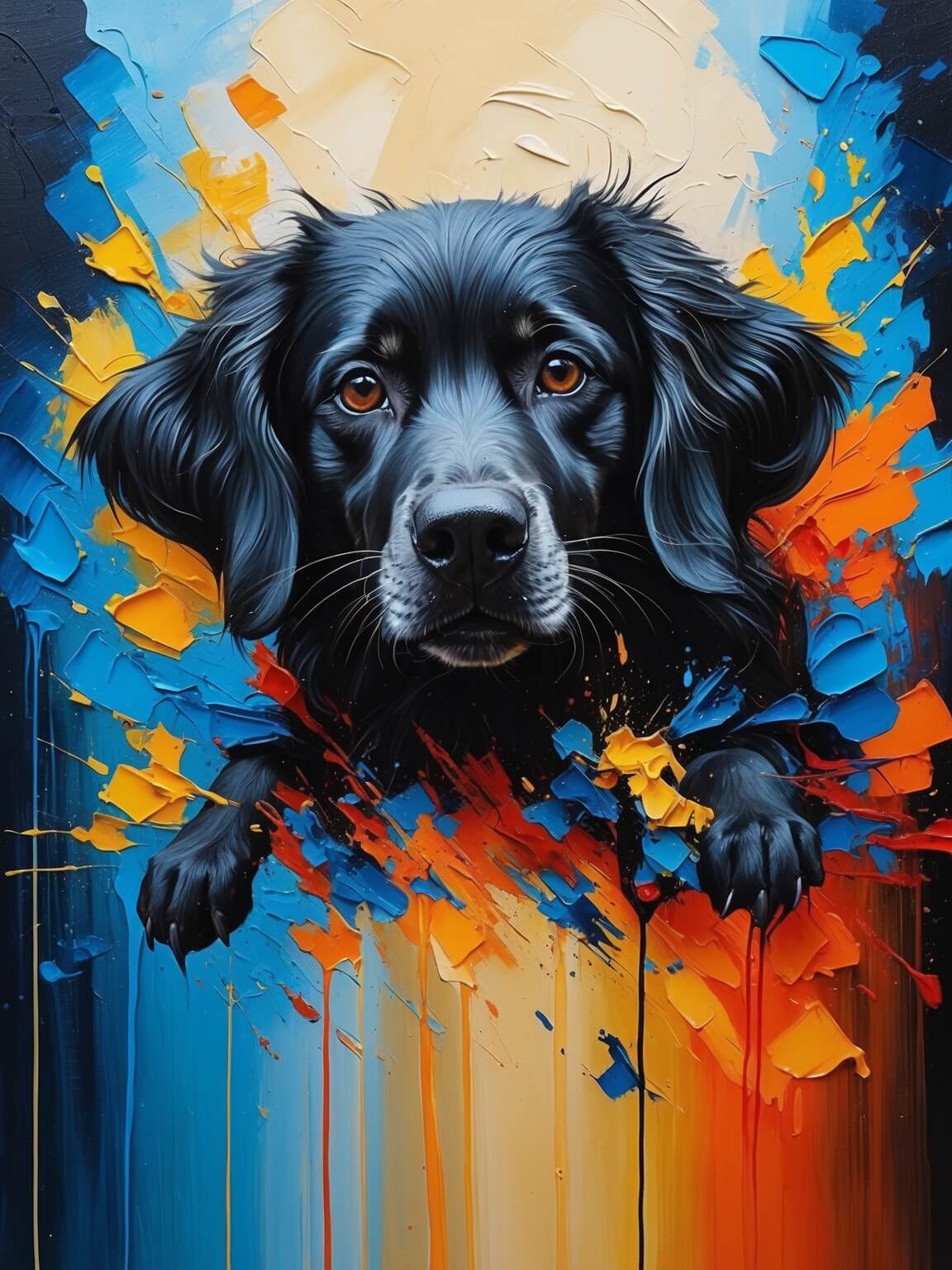 A bold and playful journey, this abstract captures a black dog adrift on a vibrant red raft, floating freely along the river of imagination