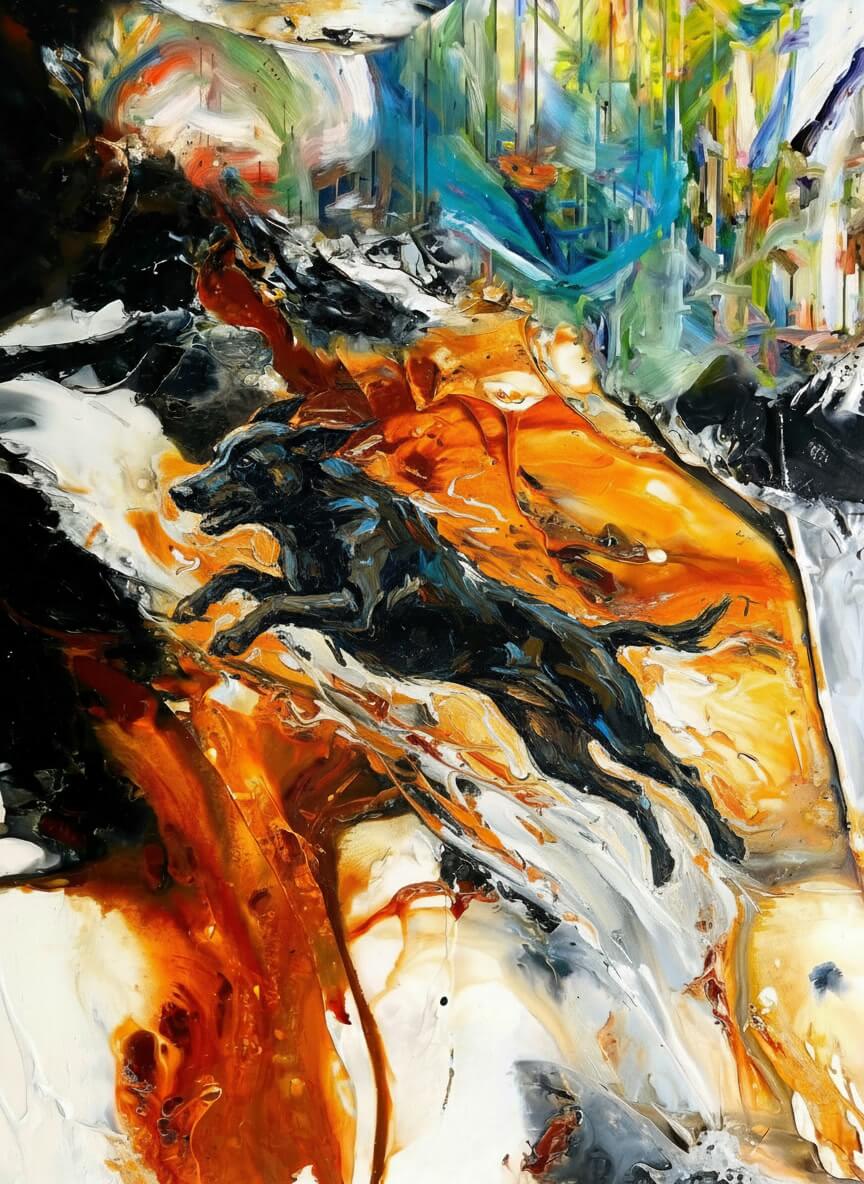 A bold and playful journey, this abstract captures a black dog adrift on a vibrant red raft, floating freely along the river of imagination