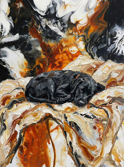A bold and playful journey, this abstract captures a black dog adrift on a vibrant red raft, floating freely along the river of imagination