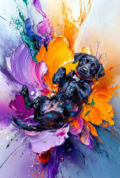 A bold and playful journey, this abstract captures a black dog adrift on a vibrant red raft, floating freely along the river of imagination