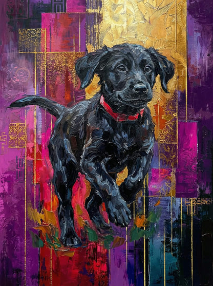 A bold and playful journey, this abstract captures a black dog adrift on a vibrant red raft, floating freely along the river of imagination