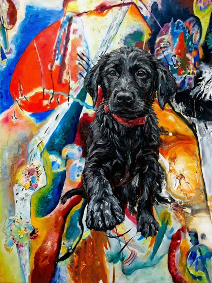 A bold and playful journey, this abstract captures a black dog adrift on a vibrant red raft, floating freely along the river of imagination
