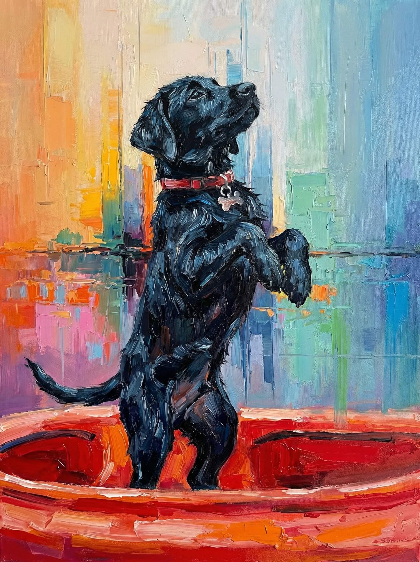 A bold and playful journey, this abstract captures a black dog adrift on a vibrant red raft, floating freely along the river of imagination