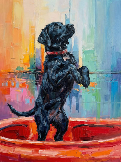 A bold and playful journey, this abstract captures a black dog adrift on a vibrant red raft, floating freely along the river of imagination