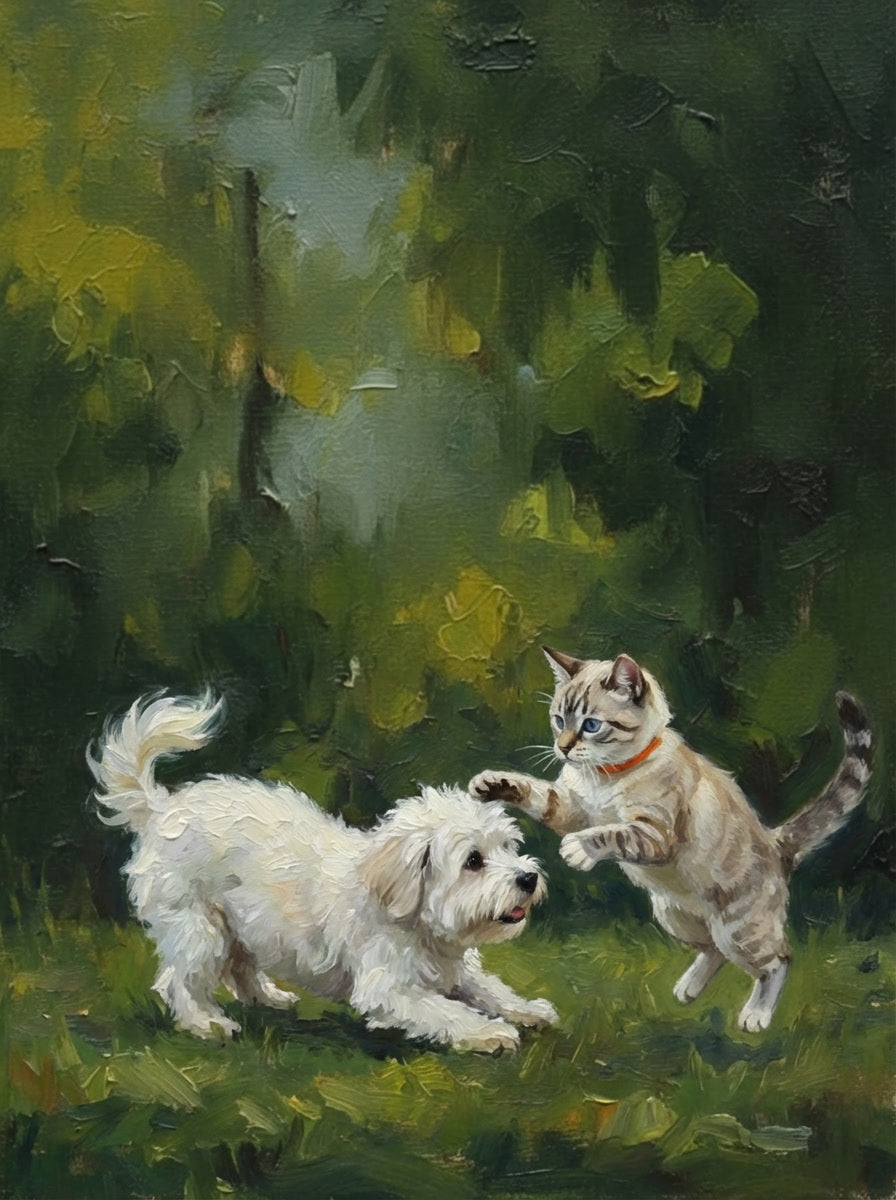 We'll create a heartwarming oil painting that captures the spirit of you beloved pets. You'll receive 2 to 4 different artistic options to choose from, ensuring it's perfect. We'll create a timeless work of art you'll treasure for a lifetime