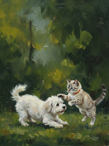 We'll create a heartwarming oil painting that captures the spirit of you beloved pets. You'll receive 2 to 4 different artistic options to choose from, ensuring it's perfect. We'll create a timeless work of art you'll treasure for a lifetime