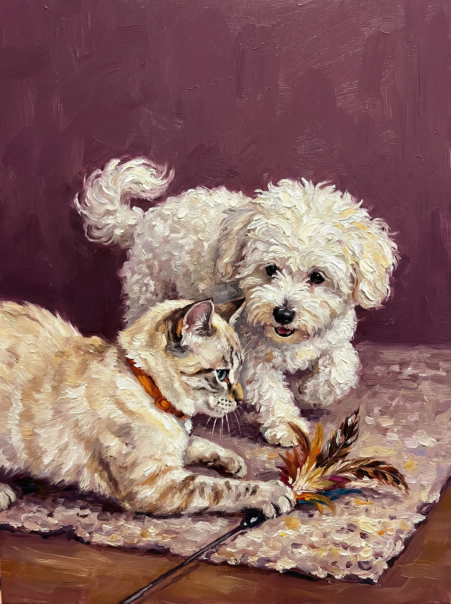 We'll create a heartwarming oil painting that captures the spirit of you beloved pets. You'll receive 2 to 4 different artistic options to choose from, ensuring it's perfect. We'll create a timeless work of art you'll treasure for a lifetime