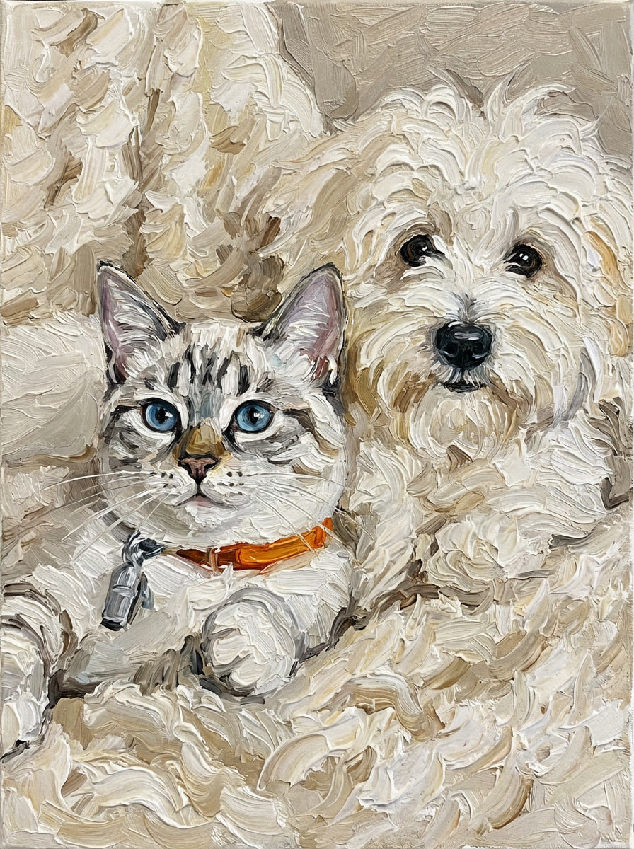 We'll create a heartwarming oil painting that captures the spirit of you beloved pets. You'll receive 2 to 4 different artistic options to choose from, ensuring it's perfect. We'll create a timeless work of art you'll treasure for a lifetime