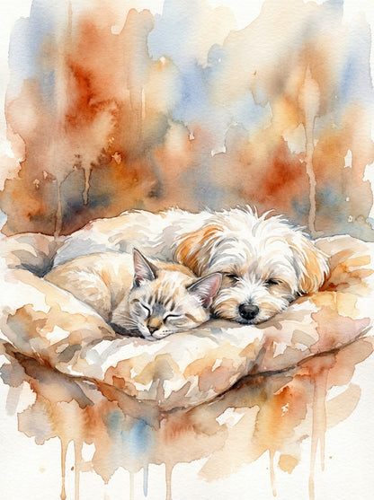 A tender watercolor embrace, capturing the gentle bond of a kitten and pup, nestled together in soft, pastel serenity