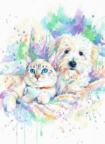 A tender watercolor embrace, capturing the gentle bond of a kitten and pup, nestled together in soft, pastel serenity