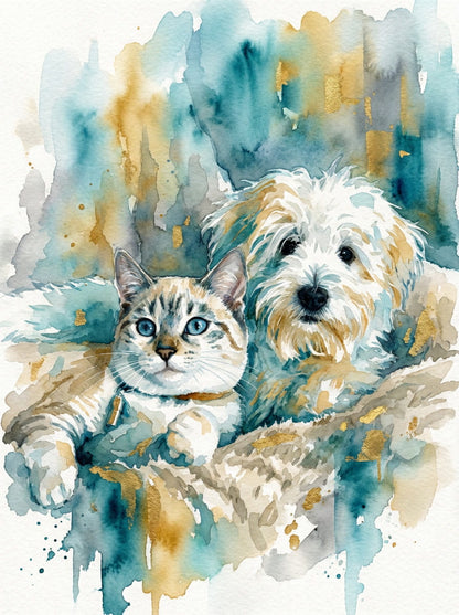 A tender watercolor embrace, capturing the gentle bond of a kitten and pup, nestled together in soft, pastel serenity