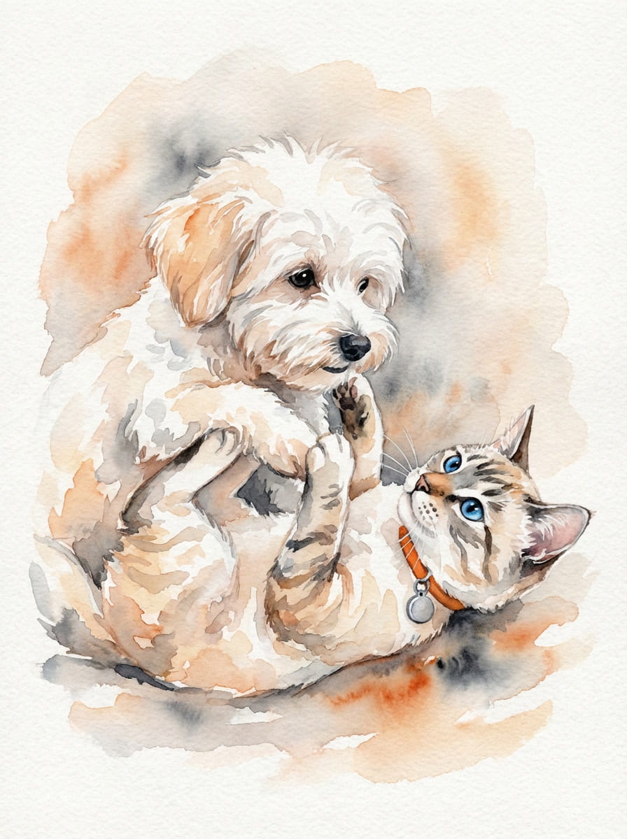 A tender watercolor embrace, capturing the gentle bond of a kitten and pup, nestled together in soft, pastel serenity