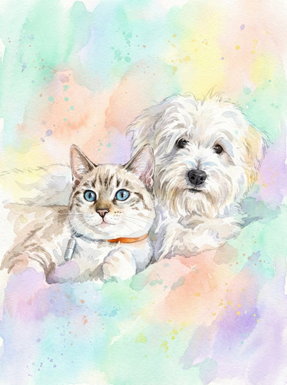 A tender watercolor embrace, capturing the gentle bond of a kitten and pup, nestled together in soft, pastel serenity