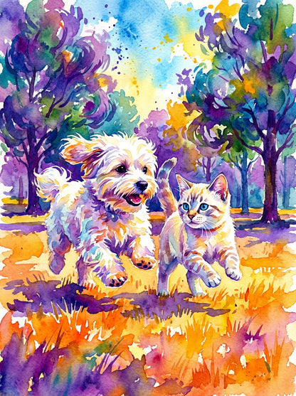 A tender watercolor embrace, capturing the gentle bond of a kitten and pup, nestled together in soft, pastel serenity