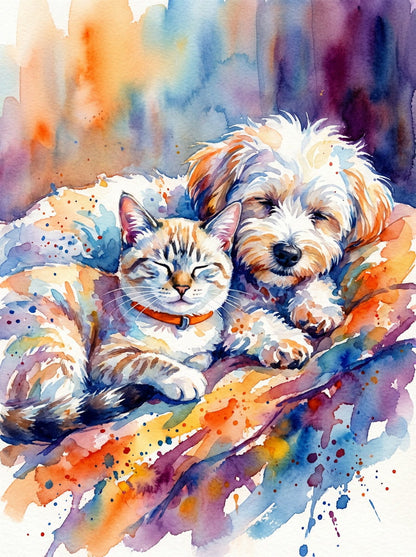 A tender watercolor embrace, capturing the gentle bond of a kitten and pup, nestled together in soft, pastel serenity
