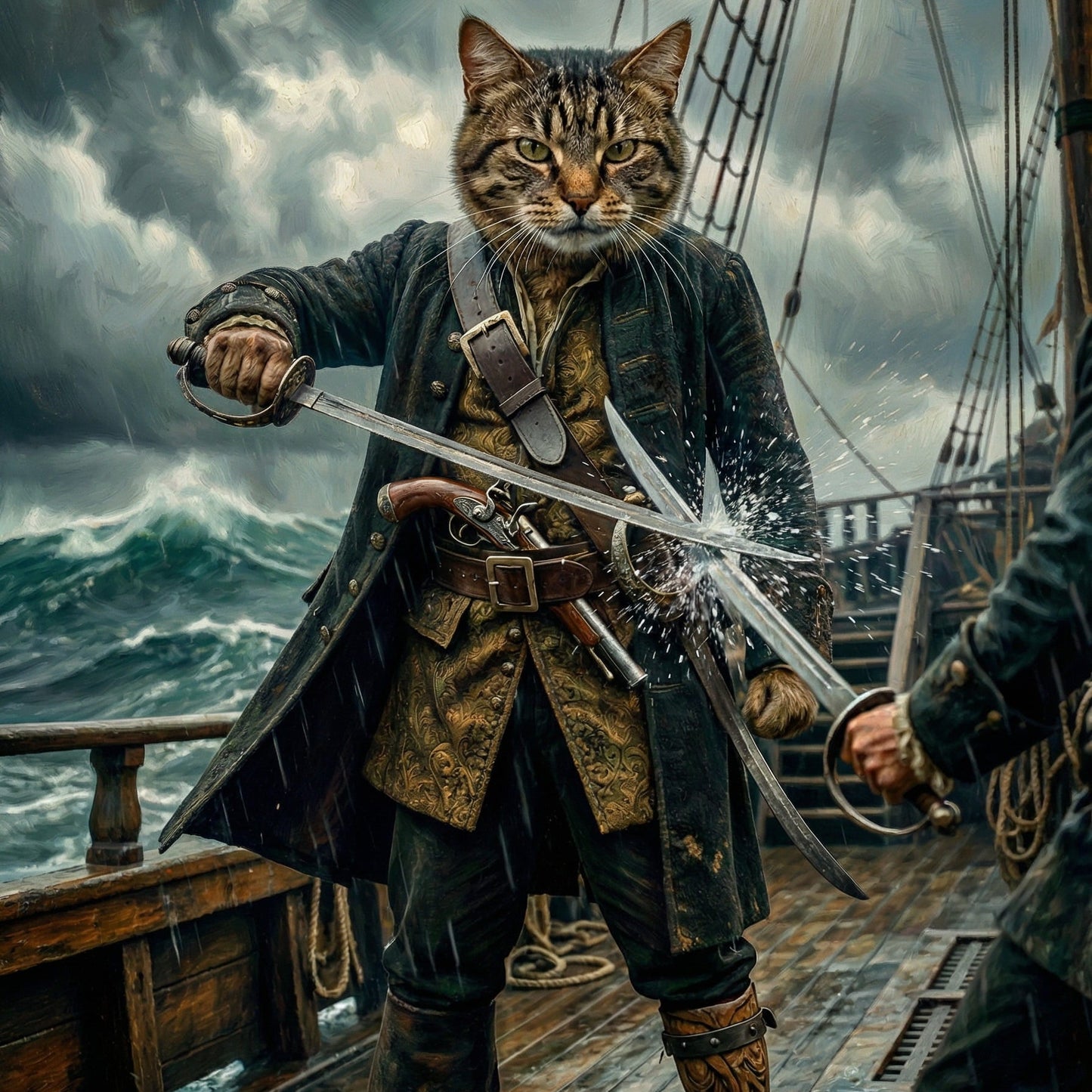 Cat dressed as a pirate on a ship with stormy weather