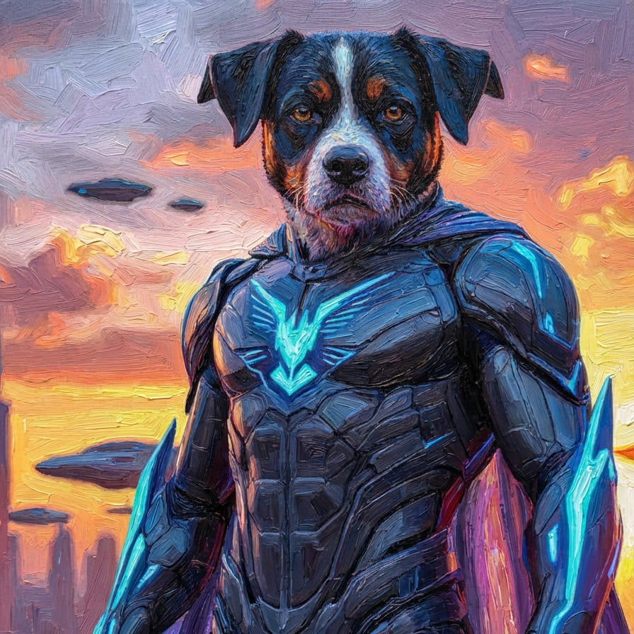 Dog in a superhero costume with a cityscape and spaceship in the background