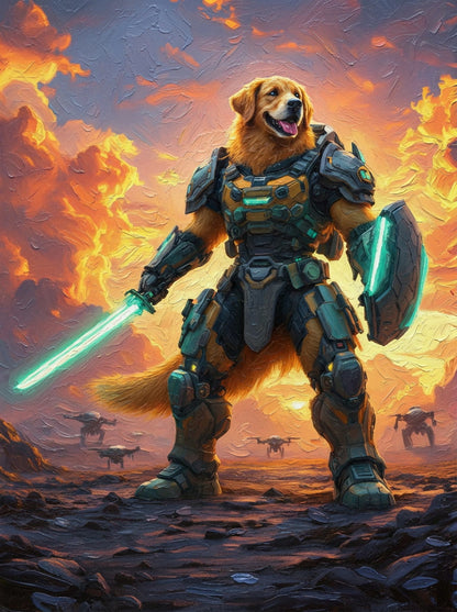 Knight Guardians of the Future - Send your pet to the stars! With glowing blades and futuristic armour, we'll craft their cosmic hero portrait !